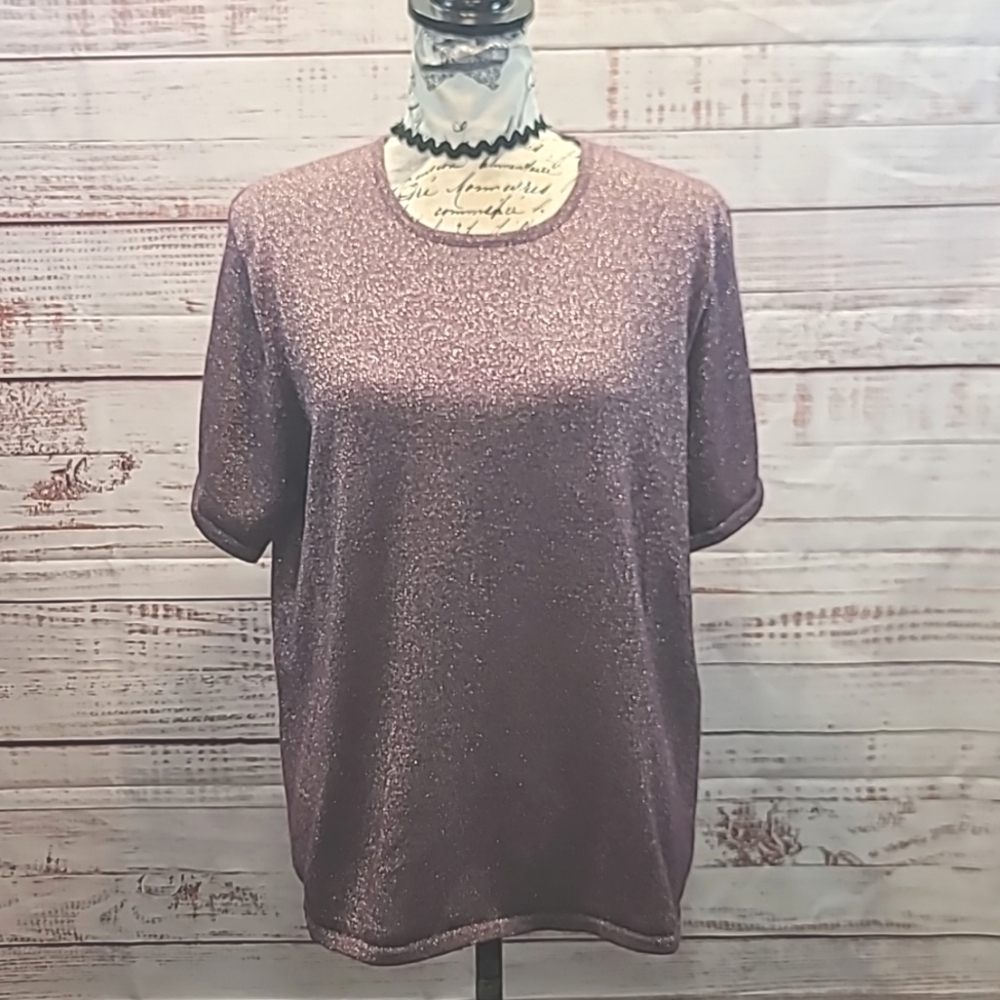 Susan Graver | Style gold metallic plum short sleeve knit